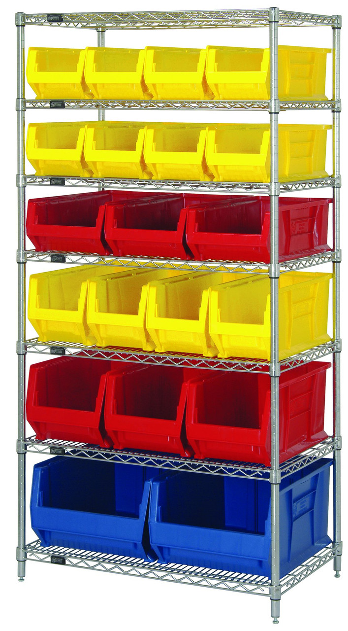 Bin Wire Shelving System, 36"W x 24"D x 74"H, 800 lb. capacity per shelf, Chrome, Blue, Carbon Steel, WR7-20-MIXBL