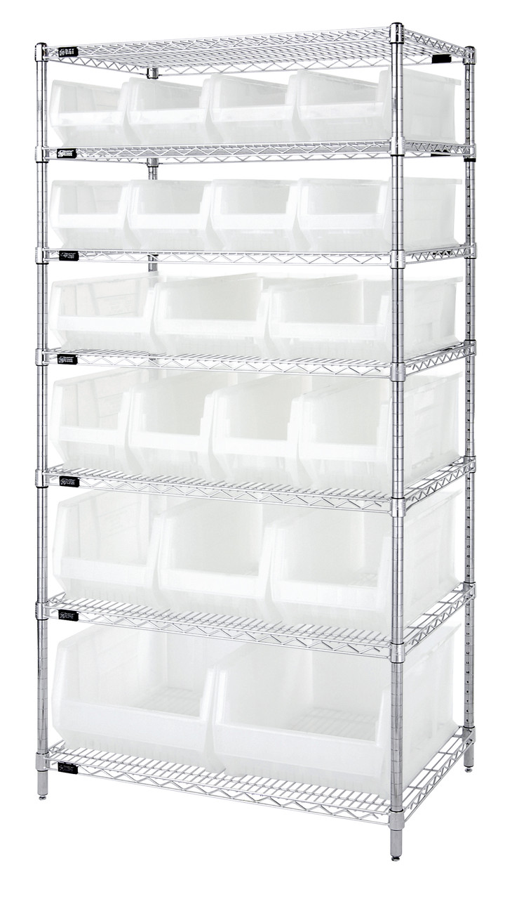 Bin Wire Shelving System, 36"W x 24"D x 74"H, 800 lb. capacity per shelf, Chrome, Clear, Carbon Steel, WR7-20-MIXCL