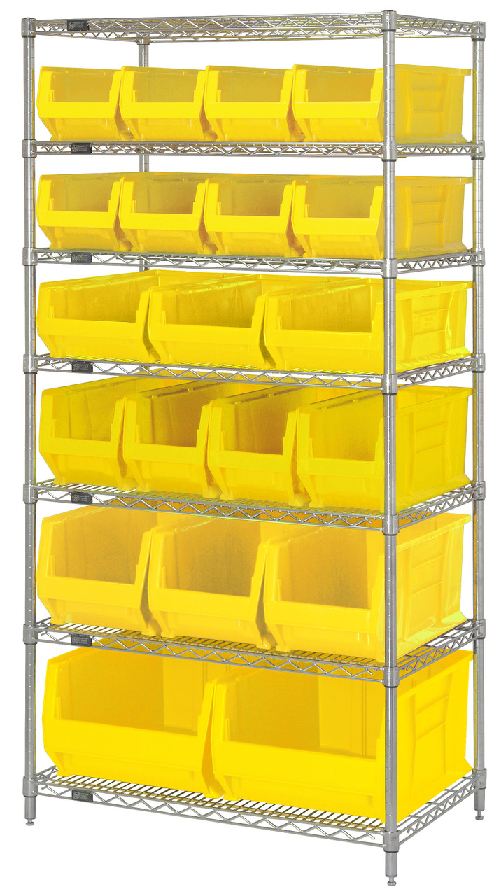 Bin Wire Shelving System, 36"W x 24"D x 74"H, 800 lb. capacity per shelf, Chrome, Yellow, Carbon Steel, WR7-20-MIXYL