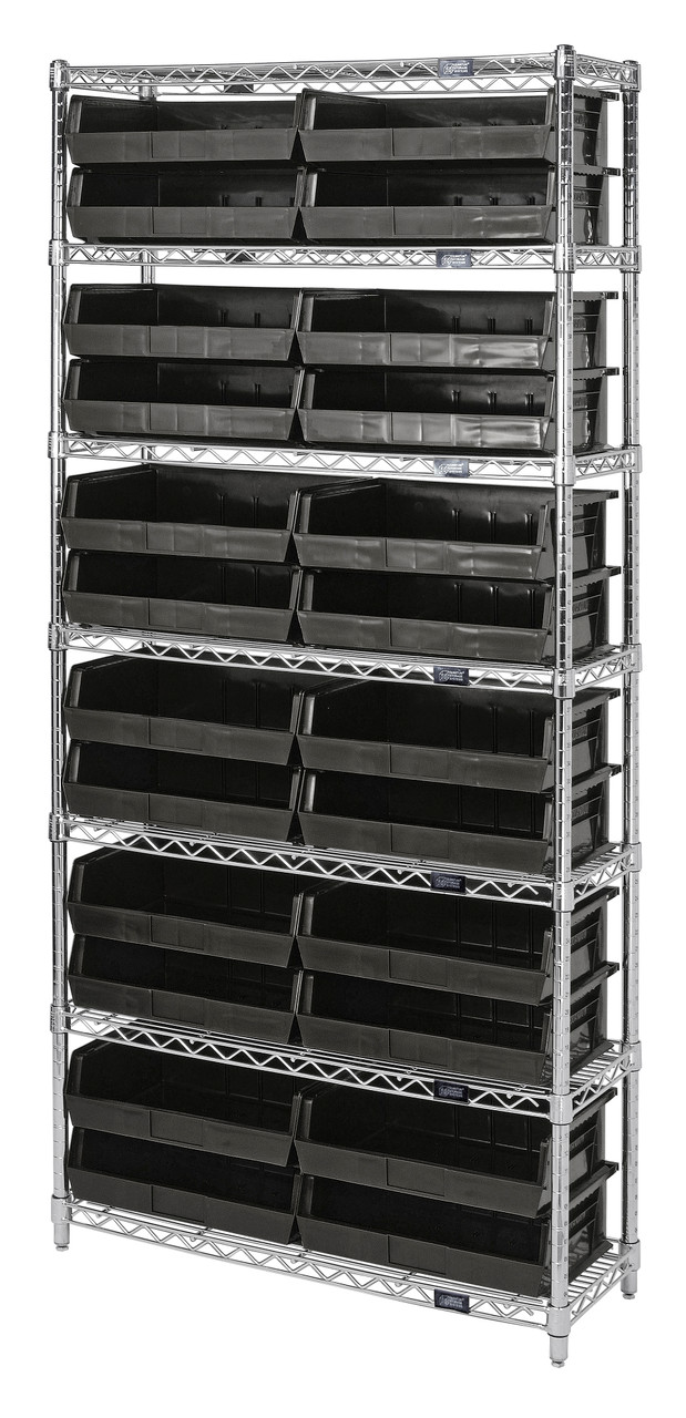 Bin Wire Shelving System, 36"W x 12"D x 74"H overall size, 800 lb. capacity per shelf, Chrome, Black, Carbon Steel, WR7-245BK