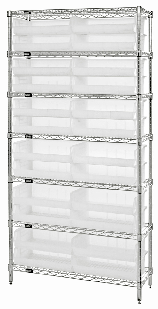 Bin Wire Shelving System, 36"W x 12"D x 74"H overall size, 800 lb. capacity per shelf, Chrome, Clear, Carbon Steel, WR7-245CL