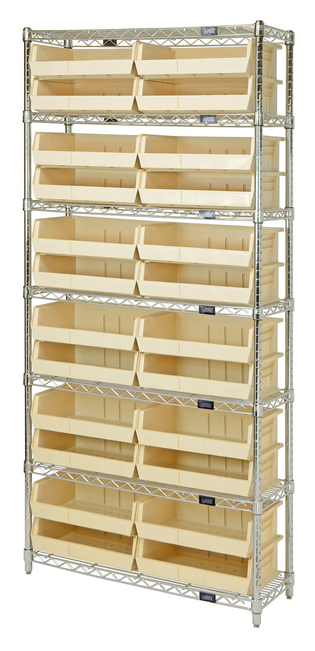 Bin Wire Shelving System, 36"W x 12"D x 74"H overall size, 800 lb. capacity per shelf, Chrome, Ivory, Carbon Steel, WR7-245IV