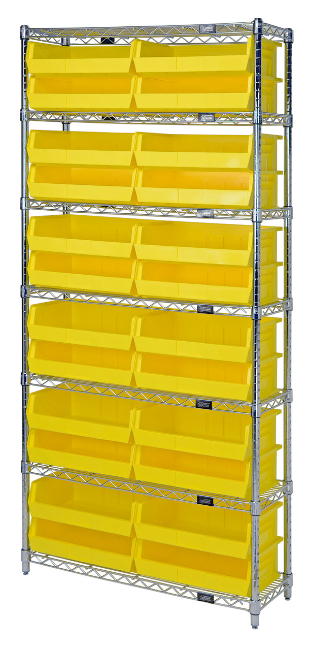 Bin Wire Shelving System, 36"W x 12"D x 74"H overall size, 800 lb. capacity per shelf, Chrome, Yellow, Carbon Steel, WR7-245YL