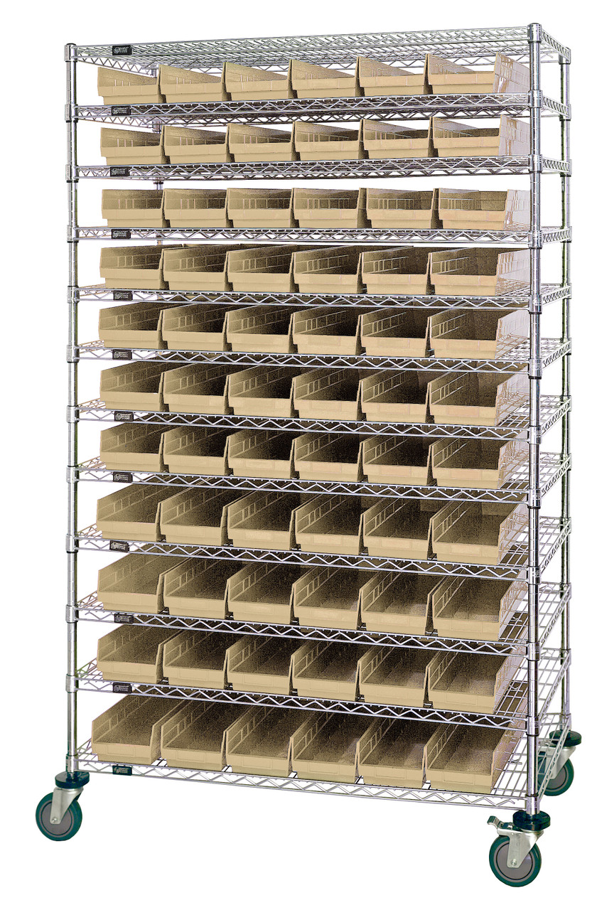 Bin Wire Shelving System, 48"L x 12"D x 74"H, 800 lbs load capacity per shelf, Chrome, Ivory, Carbon Steel, WR74-1248-66102IV