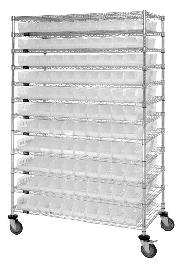 Bin Wire Shelving System, 60"L x 12"D x 74"H, 600 lbs load capacity per shelf, Chrome, Blue, Carbon Steel, WR74-1260-101102BL