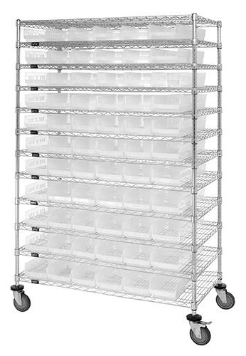 Bin Wire Shelving System, 60"L x 12"D x 74"H, 600 lbs load capacity per shelf, Chrome, Clear, Carbon Steel, WR74-1260-143101CL