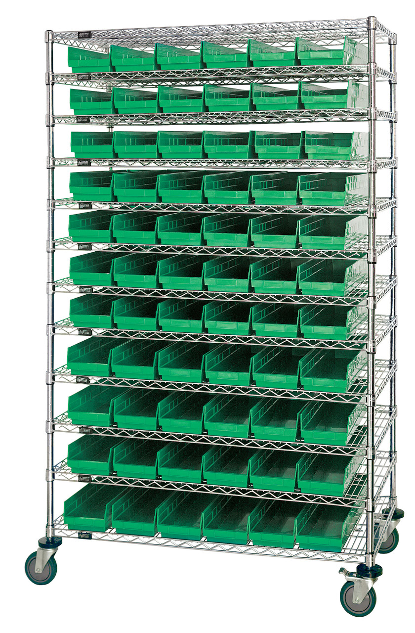 Bin Wire Shelving System, 60"L x 12"D x 74"H, 600 lbs load capacity per shelf, Chrome, Green, Carbon Steel, WR74-1260-88102GN