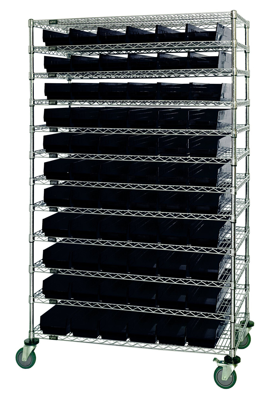 Bin Wire Shelving System, 48"L x 18"D x 74"H, 800 lbs load capacity per shelf, Chrome, Black, Carbon Steel, WR74-1848-66104BK