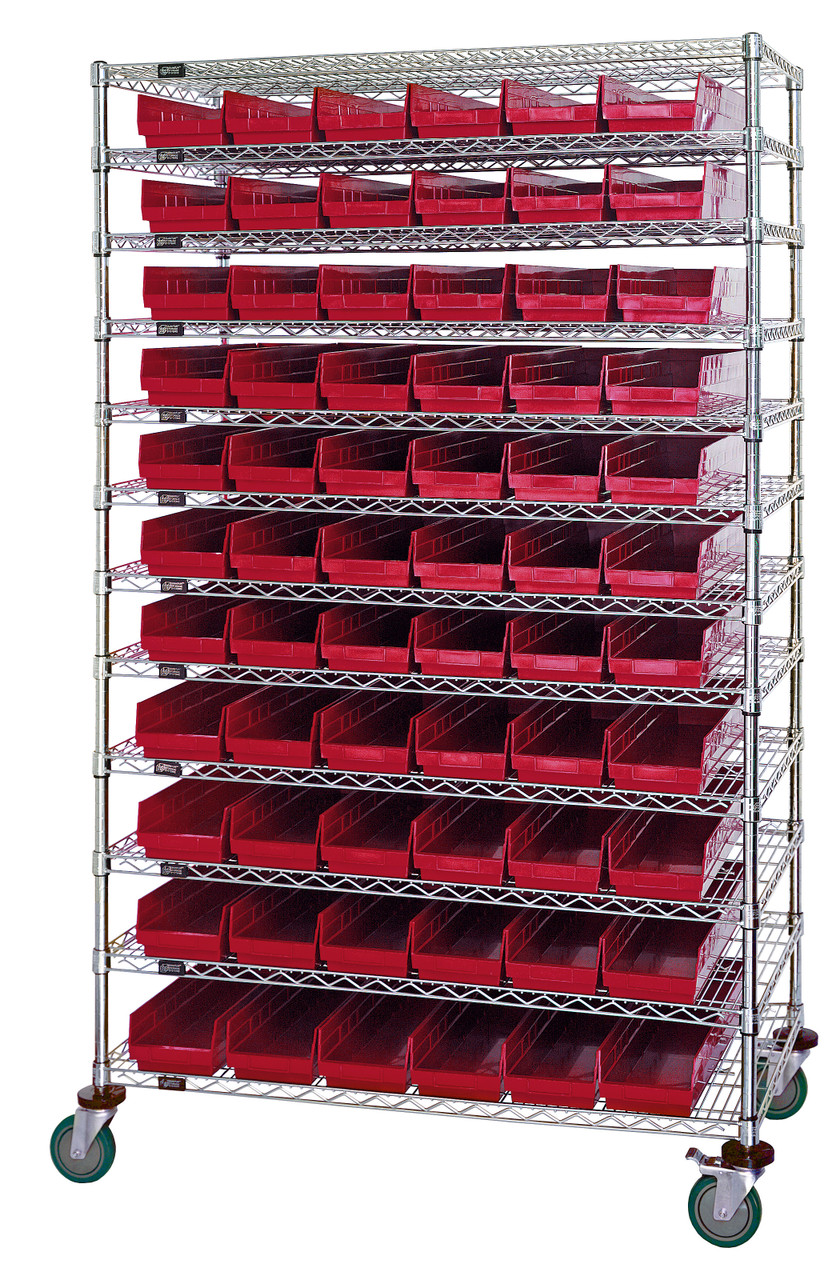 Bin Wire Shelving System, 48"L x 18"D x 74"H, 800 lbs load capacity per shelf, Chrome, Red, Carbon Steel, WR74-1848-66104RD