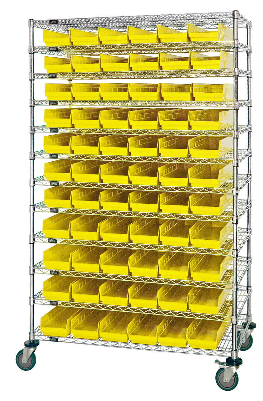 Bin Wire Shelving System, 48"L x 24"D x 74"H, 800 lbs load capacity per shelf, Chrome, Yellow, Carbon Steel, WR74-2448-66106YL