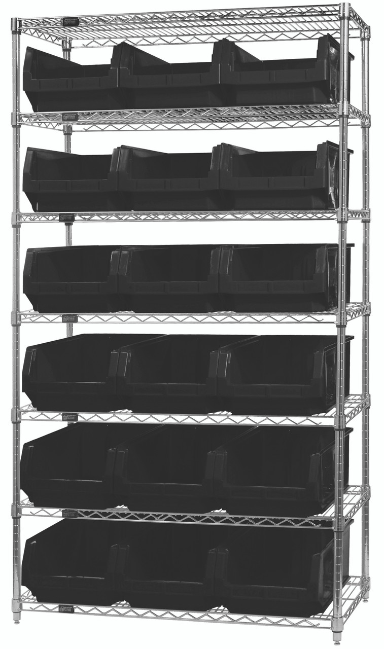 Bin Wire Shelving System, 42"W x 18"D x 74"H, 800 lbs load capacity per shelf, Chrome, Black, Carbon Steel, WR7-532BK