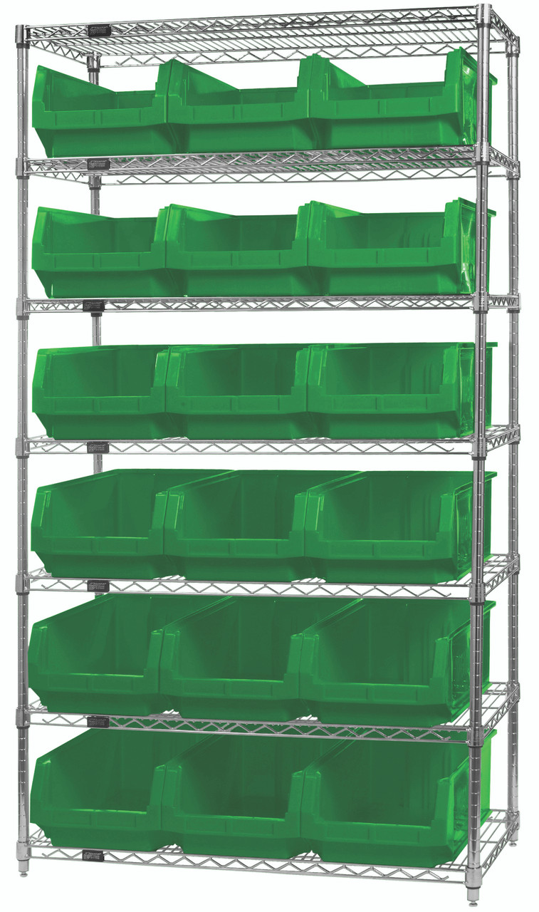 Bin Wire Shelving System, 42"W x 18"D x 74"H, 800 lbs load capacity per shelf, Chrome, Green, Carbon Steel, WR7-532GN