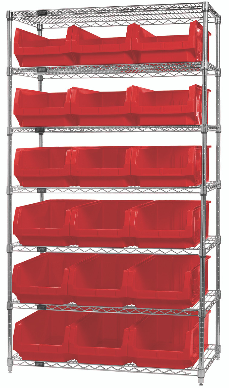 Bin Wire Shelving System, 42"W x 18"D x 74"H, 800 lbs load capacity per shelf, Chrome, Red, Carbon Steel, WR7-532RD