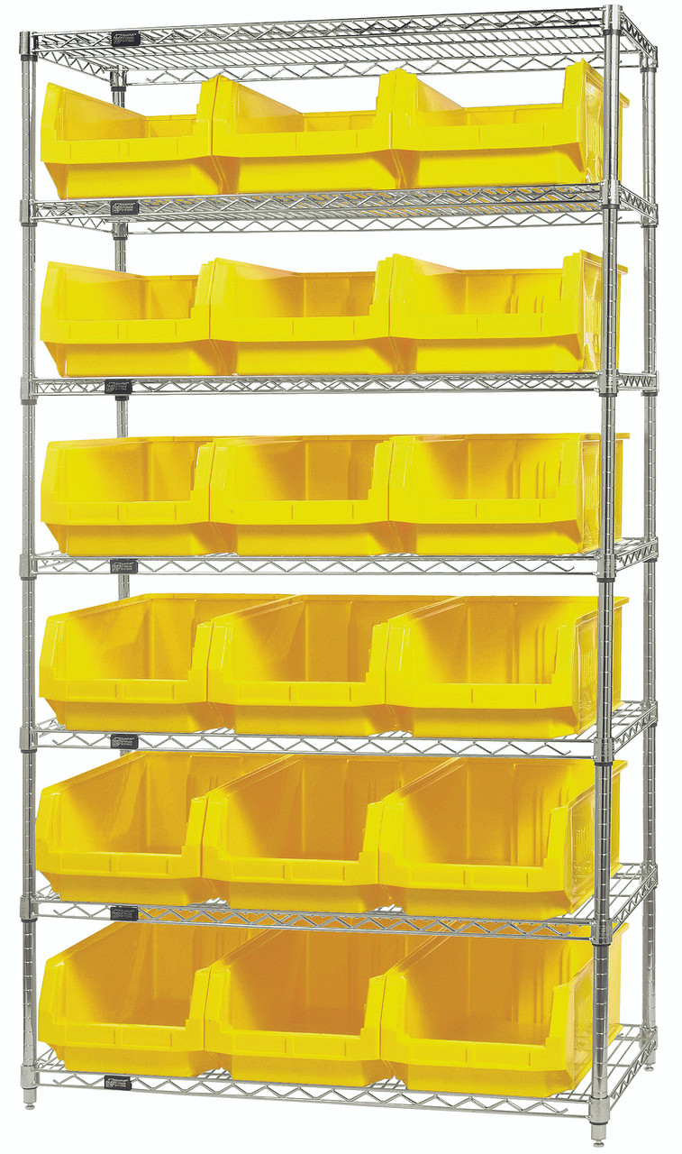 Bin Wire Shelving System, 42"W x 18"D x 74"H, 800 lbs load capacity per shelf, Chrome, Yellow, Carbon Steel, WR7-532YL