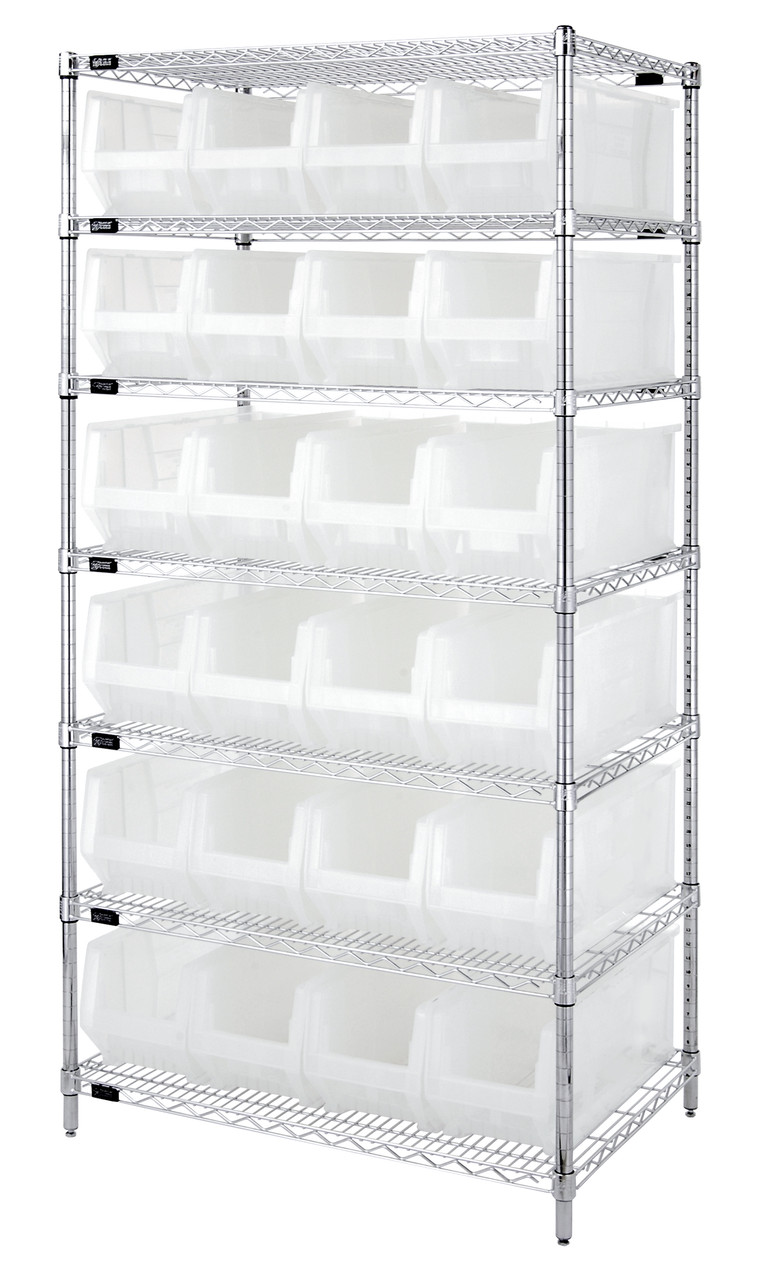 Wire Shelving Container System, 36"W x 24"D x 74"H, 800 lb. capacity, Chrome, Clear, Carbon Steel, WR7-951CL