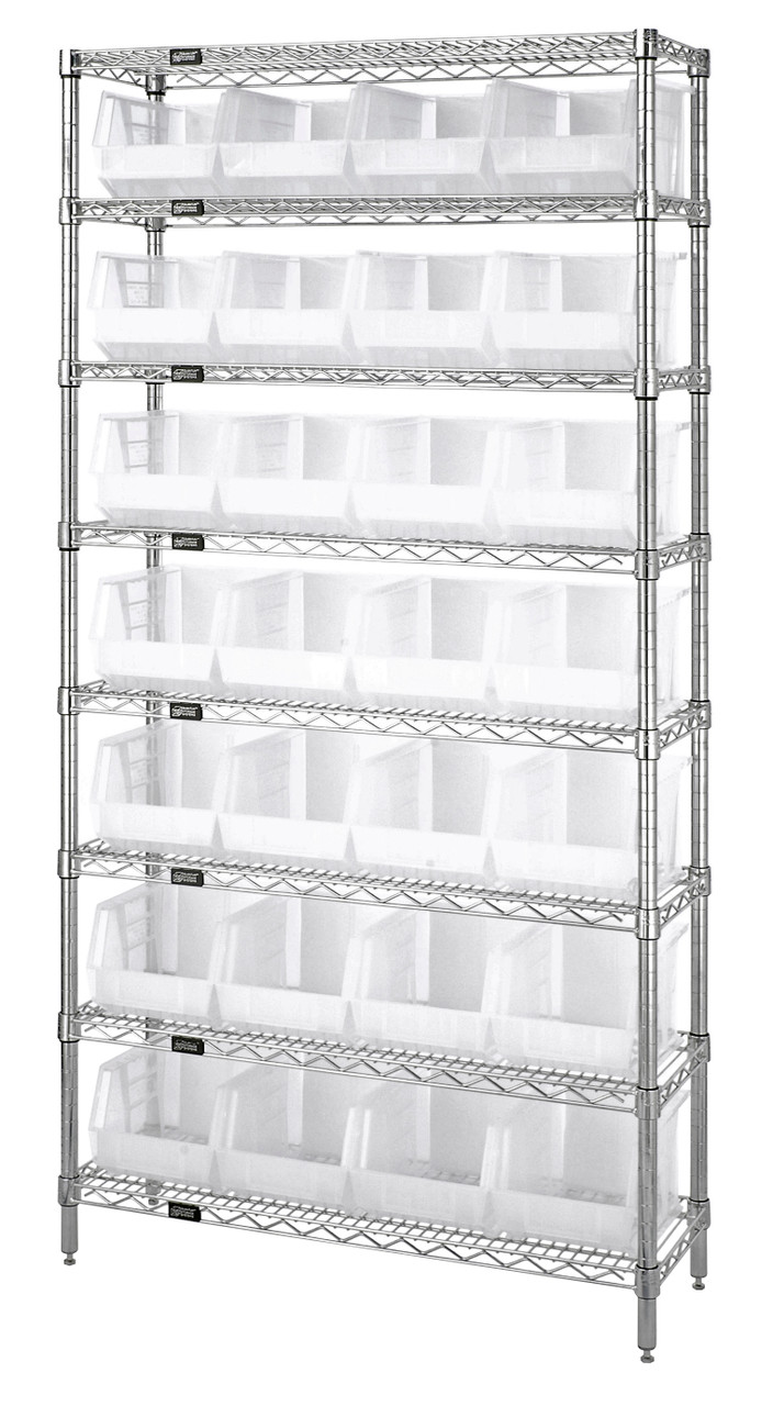 Bin Wire Shelving System, 36"W x 12"D x 74"H, 800 lbs load capacity per shelf, Chrome, Clear, Carbon Steel, WR8-239CL