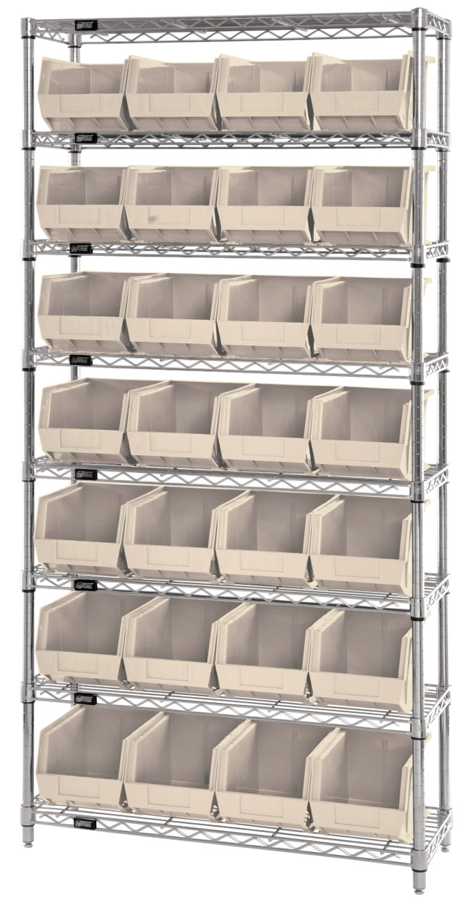 Bin Wire Shelving System, 36"W x 12"D x 74"H, 800 lbs load capacity per shelf, Chrome, Ivory, Carbon Steel, WR8-239IV