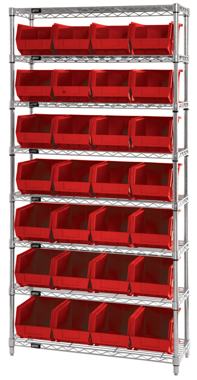 Bin Wire Shelving System, 36"W x 12"D x 74"H, 800 lbs load capacity per shelf, Chrome, Red, Carbon Steel, WR8-239RD