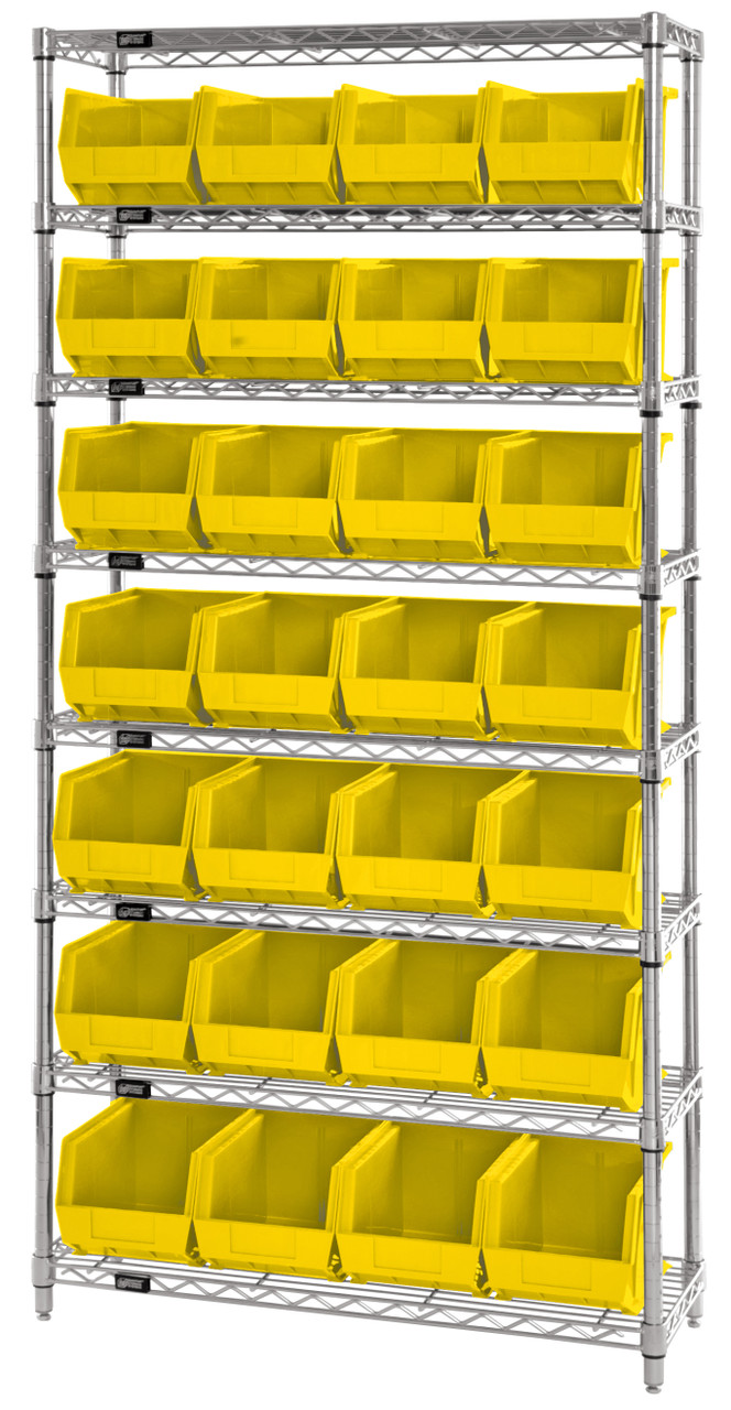Bin Wire Shelving System, 36"W x 12"D x 74"H, 800 lbs load capacity per shelf, Chrome, Yellow, Carbon Steel, WR8-239YL