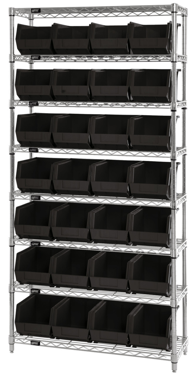 Bin Wire Shelving System, 36"W x 14"D x 74"H, 800 lbs load capacity per shelf, Chrome, Black, Carbon Steel, WR8-240BK