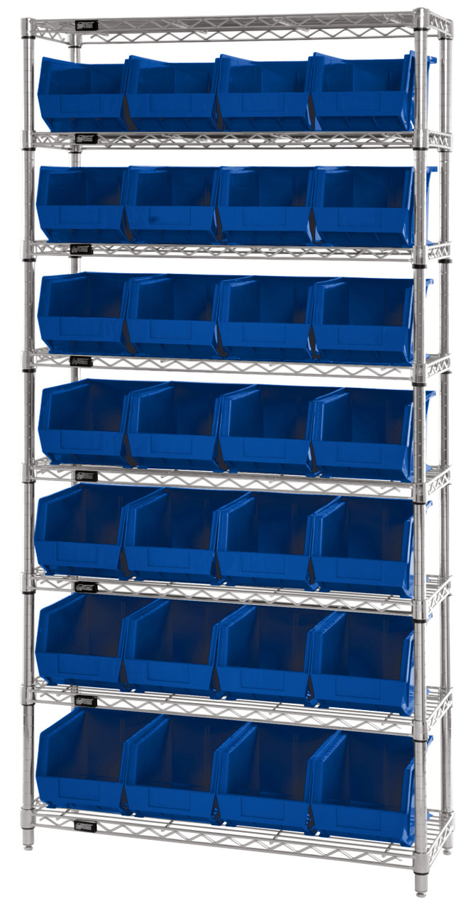 Bin Wire Shelving System, 36"W x 14"D x 74"H, 800 lbs load capacity per shelf, Chrome, Blue, Carbon Steel, WR8-240BL