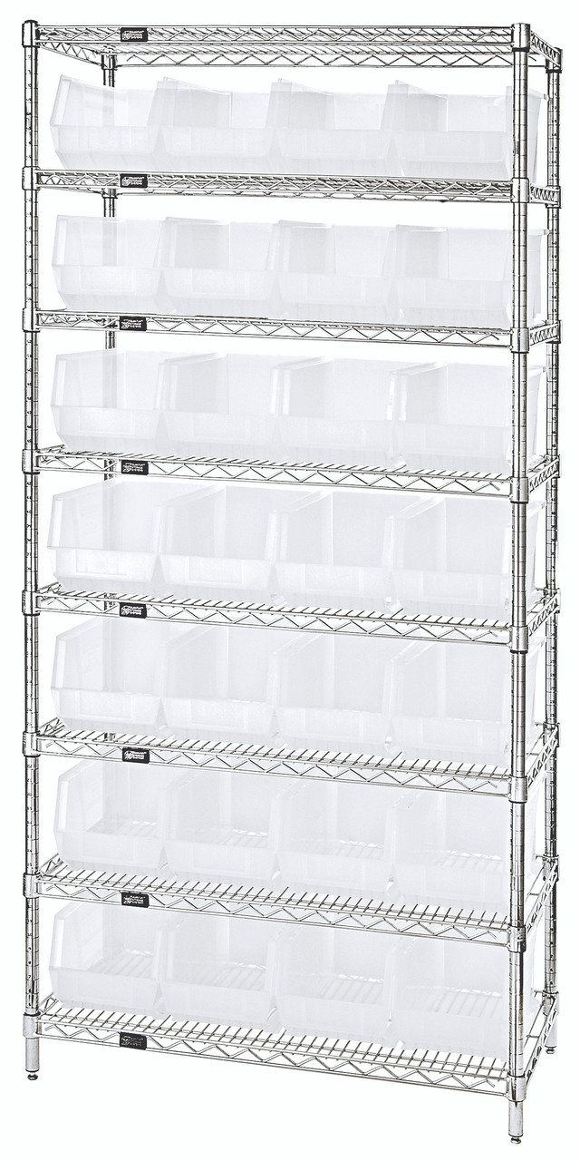 Bin Wire Shelving System, 36"W x 14"D x 74"H, 800 lbs load capacity per shelf, Chrome, Clear, Carbon Steel, WR8-240CL