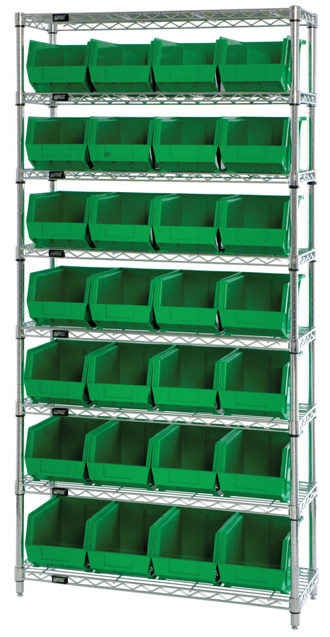 Bin Wire Shelving System, 36"W x 14"D x 74"H, 800 lbs load capacity per shelf, Chrome, Green, Carbon Steel, WR8-240GN