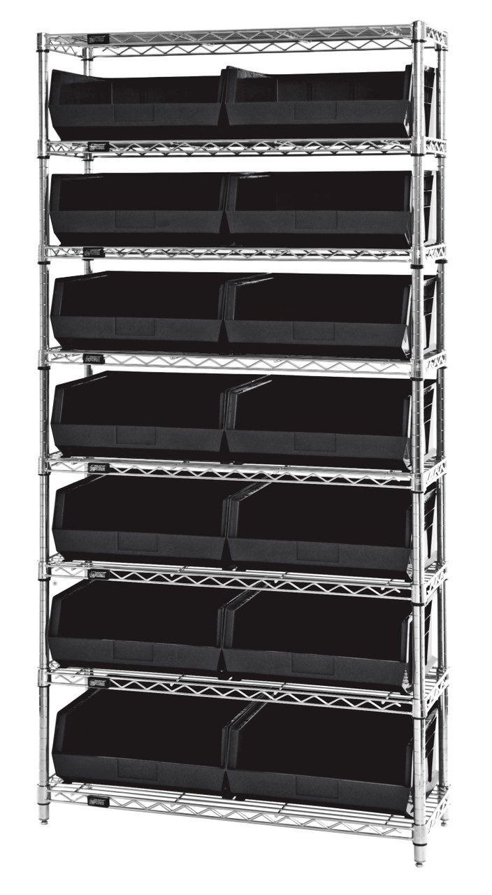 Bin Wire Shelving System, 36"W x 14"D x 74"H, 800 lbs load capacity per shelf, Chrome, Black, Carbon Steel, WR8-250BK