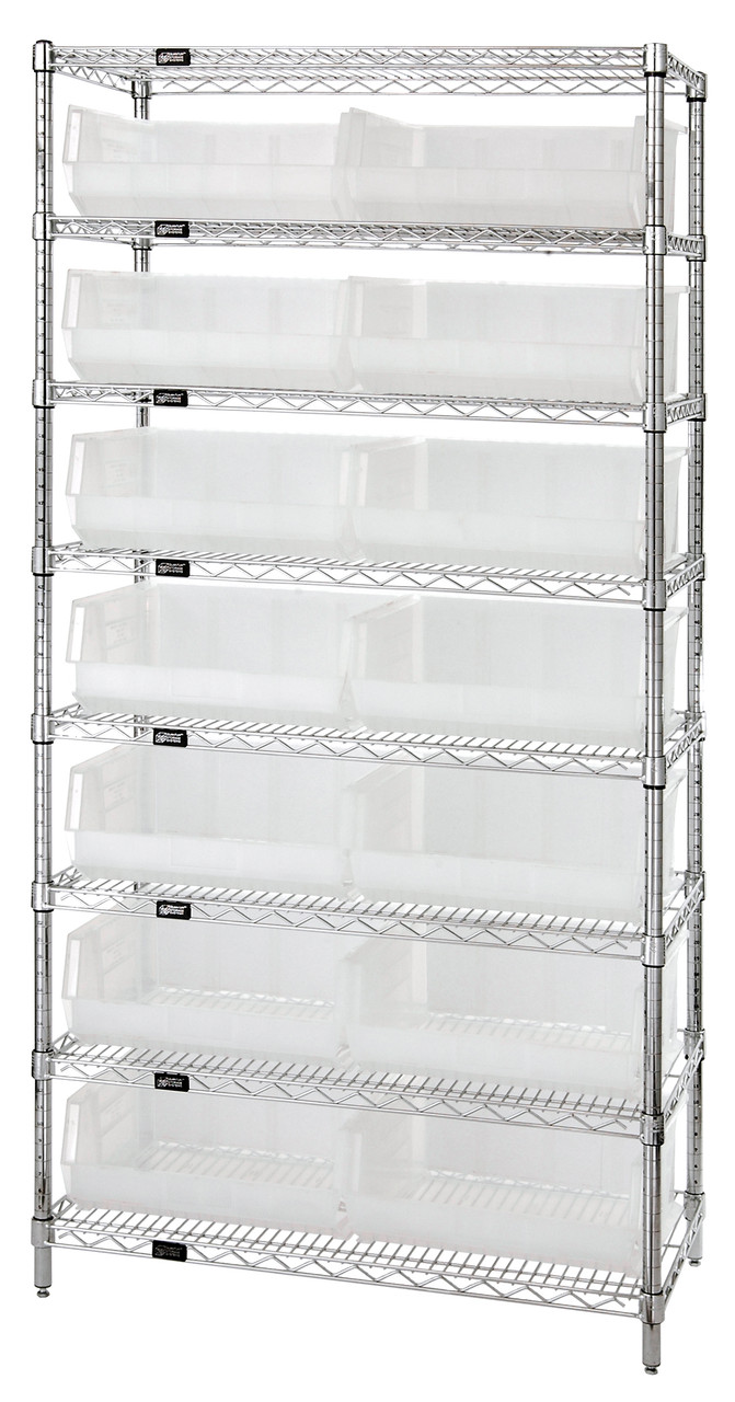Bin Wire Shelving System, 36"W x 14"D x 74"H, 800 lbs load capacity per shelf, Chrome, Clear, Carbon Steel, WR8-250CL