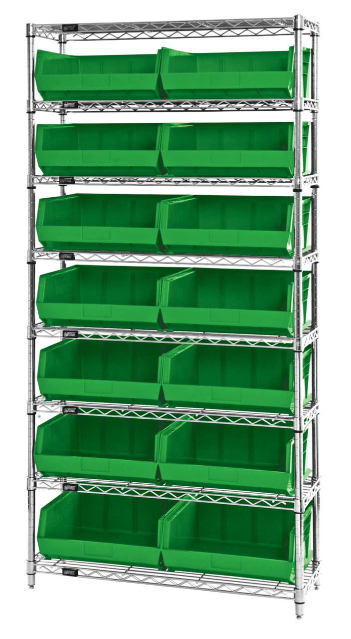 Bin Wire Shelving System, 36"W x 14"D x 74"H, 800 lbs load capacity per shelf, Chrome, Green, Carbon Steel, WR8-250GN