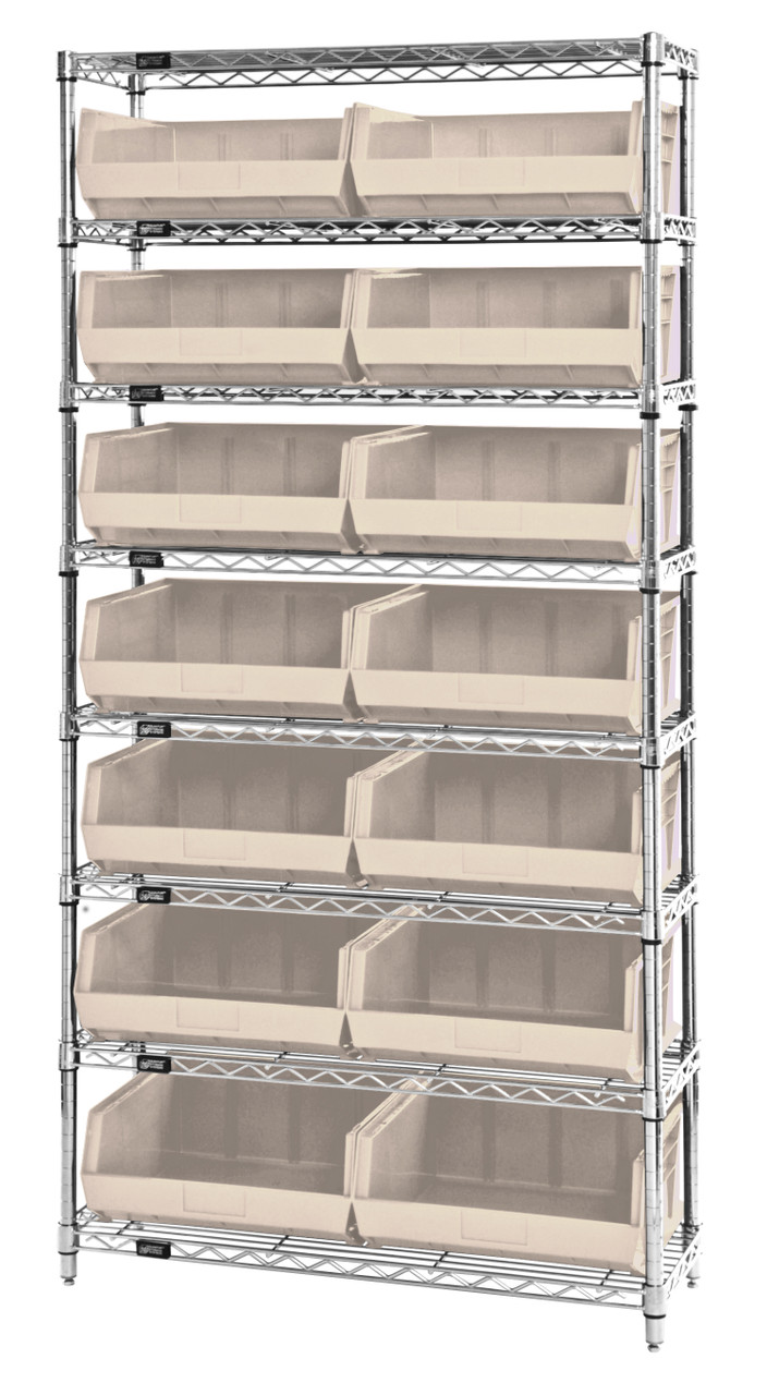 Bin Wire Shelving System, 36"W x 14"D x 74"H, 800 lbs load capacity per shelf, Chrome, Ivory, Carbon Steel, WR8-250IV