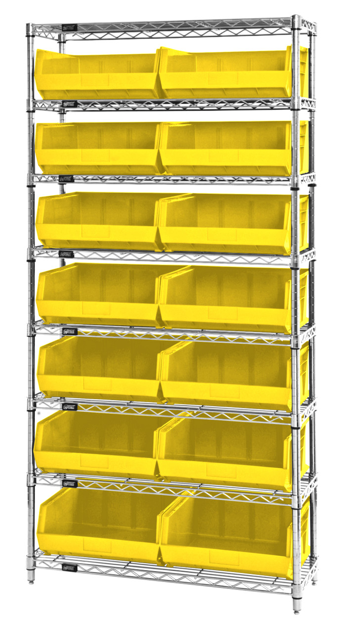 Bin Wire Shelving System, 36"W x 14"D x 74"H, 800 lbs load capacity per shelf, Chrome, Yellow, Carbon Steel, WR8-250YL