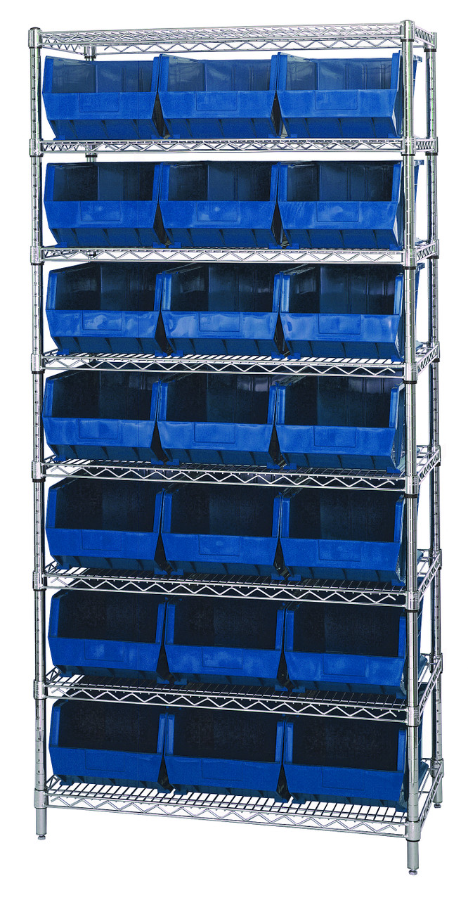 Bin Wire Shelving System, 36"W x 18"D x 74"H, 800 lbs load capacity per shelf, Chrome, Blue, Carbon Steel, WR8-255BL
