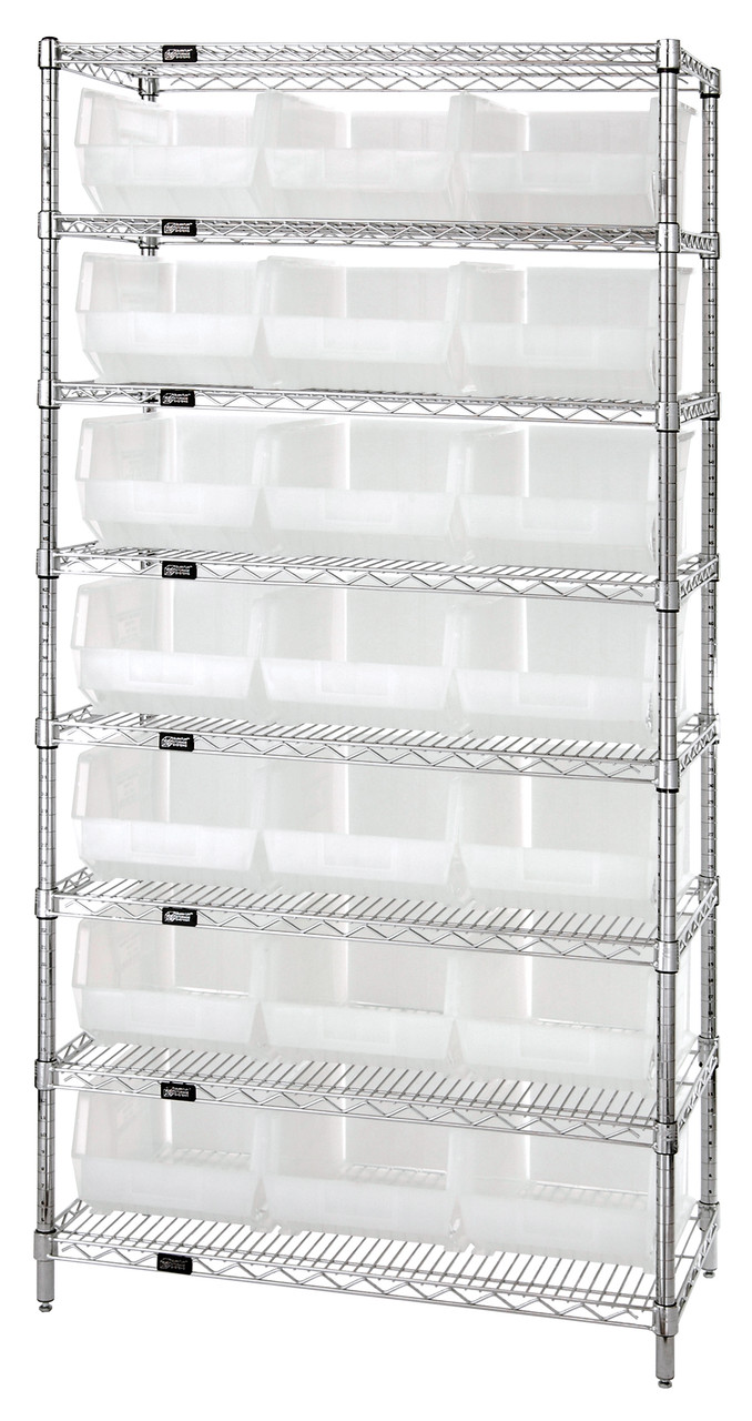 Bin Wire Shelving System, 36"W x 18"D x 74"H, 800 lbs load capacity per shelf, Chrome, Clear, Carbon Steel, WR8-255CL