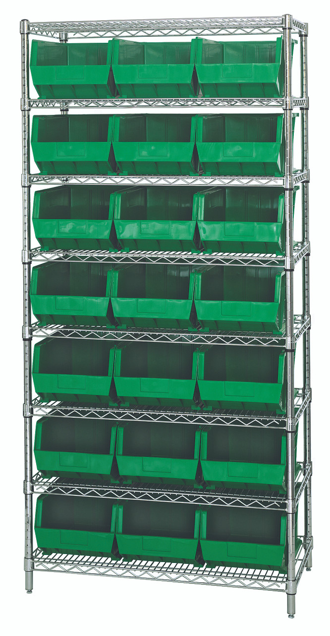 Bin Wire Shelving System, 36"W x 18"D x 74"H, 800 lbs load capacity per shelf, Chrome, Green, Carbon Steel, WR8-255GN