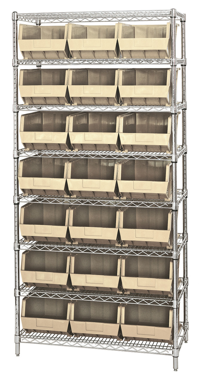 Bin Wire Shelving System, 36"W x 18"D x 74"H, 800 lbs load capacity per shelf, Chrome, Ivory, Carbon Steel, WR8-255IV