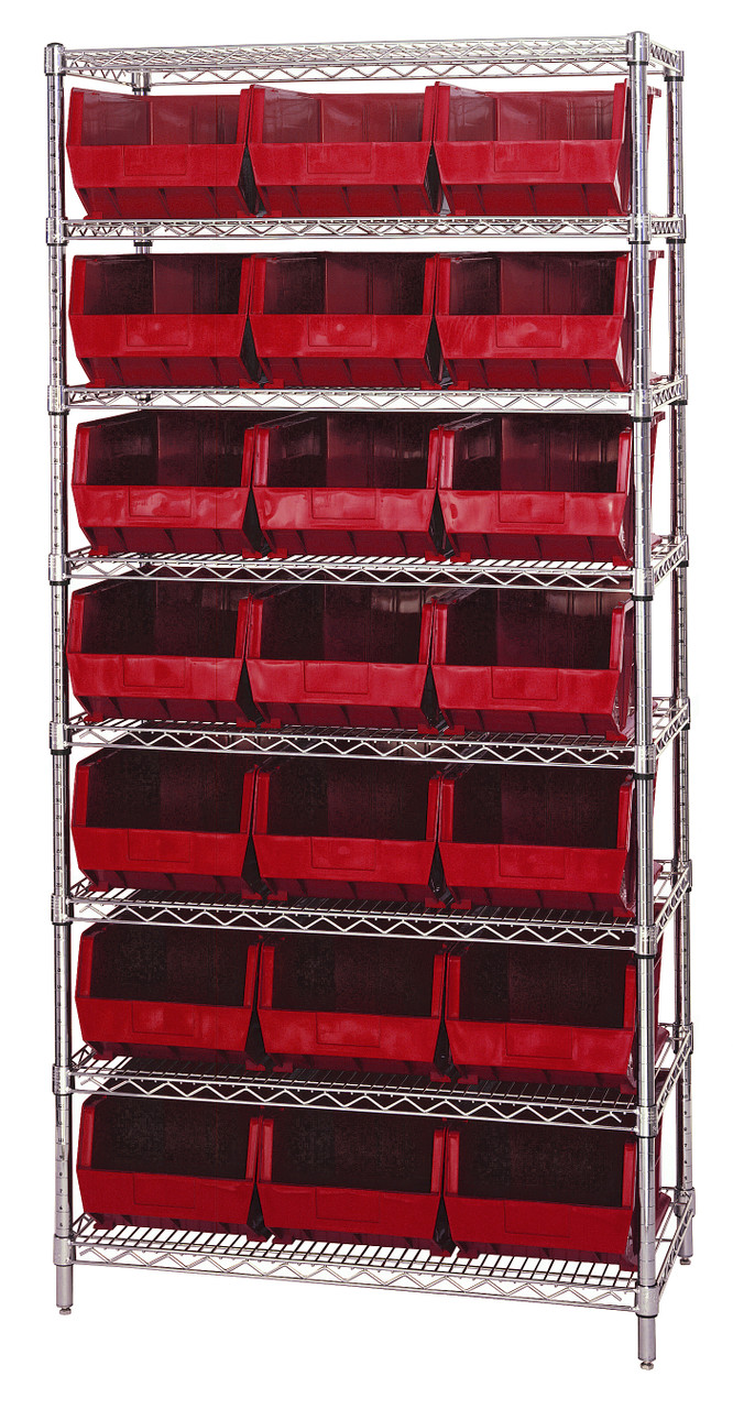 Bin Wire Shelving System, 36"W x 18"D x 74"H, 800 lbs load capacity per shelf, Chrome, Red, Carbon Steel, WR8-255RD