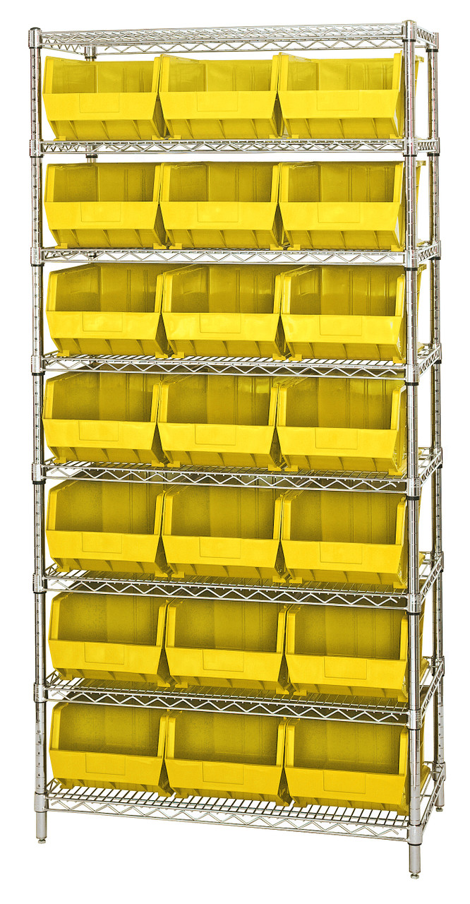 Bin Wire Shelving System, 36"W x 18"D x 74"H, 800 lbs load capacity per shelf, Chrome, Yellow, Carbon Steel, WR8-255YL