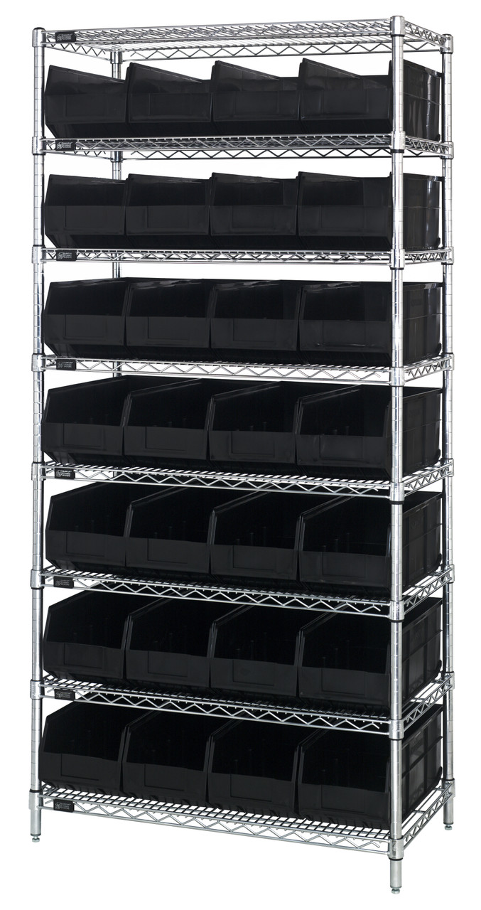 Bin Wire Shelving System, 36"W x 12"D x 74"H, 800 lbs load capacity per shelf, Chrome, Black, Carbon Steel, WR8-423BK