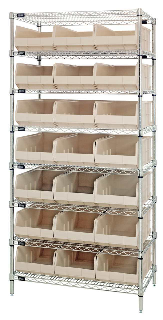 Bin Wire Shelving System, 36"W x 12"D x 74"H, 800 lbs load capacity per shelf, Chrome, Ivory, Carbon Steel, WR8-425IV