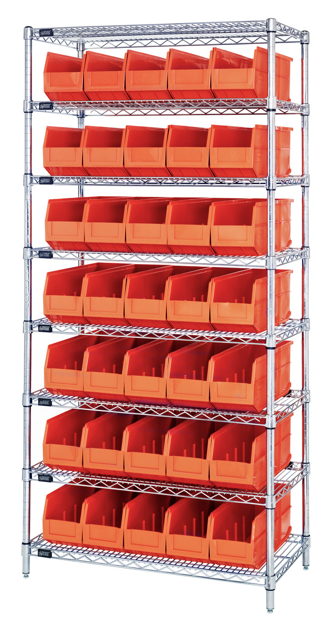 Bin Wire Shelving System, 36"W x 14"D x 74"H, 800 lbs load capacity per shelf, Chrome, Orange, Carbon Steel, WR8-441OR