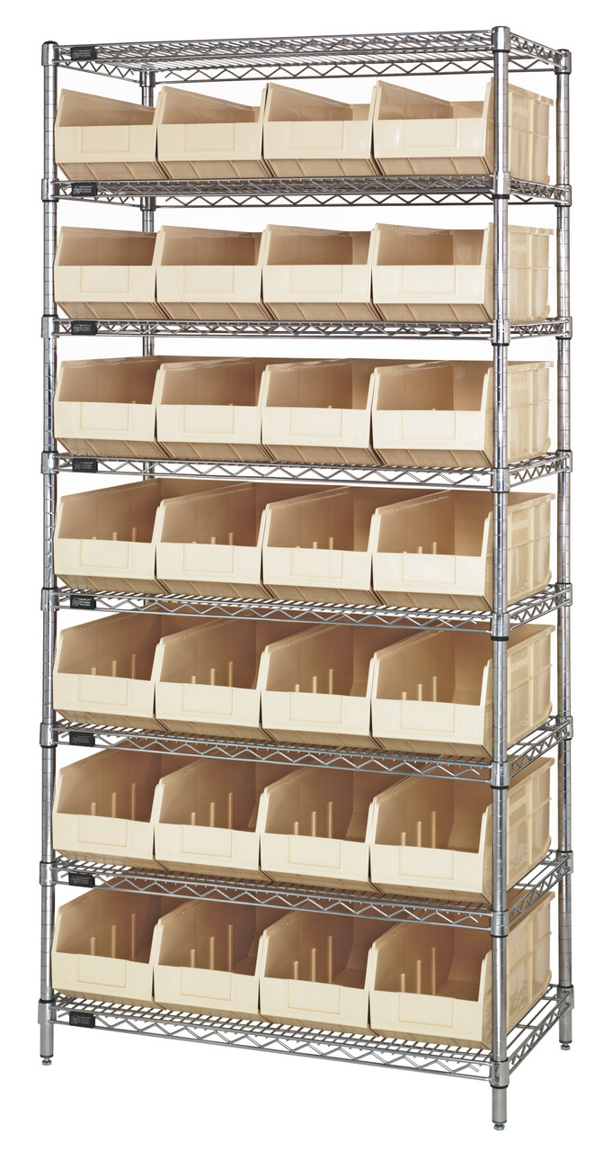 Bin Wire Shelving System, 36"W x 14"D x 74"H, 800 lbs load capacity per shelf, Chrome, Ivory, Carbon Steel, WR8-443IV