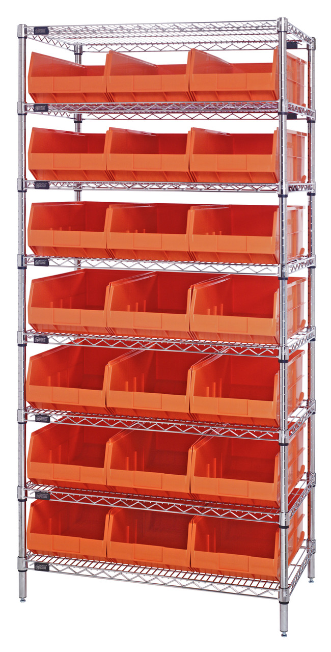 Bin Wire Shelving System, 36"W x 14"D x 74"H, 800 lbs load capacity per shelf, Chrome, Orange, Carbon Steel, WR8-445OR