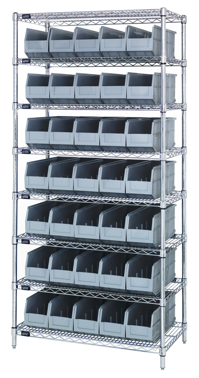 Bin Wire Shelving System, 36"W x 18"D x 74"H, 800 lbs load capacity per shelf, Chrome, Gray, Carbon Steel, WR8-461GY