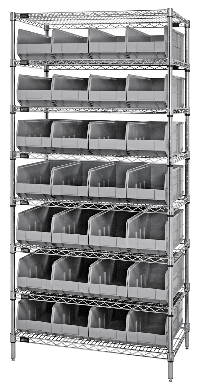 Bin Wire Shelving System, 36"W x 18"D x 74"H, 800 lbs load capacity per shelf, Chrome, Gray, Carbon Steel, WR8-463GY