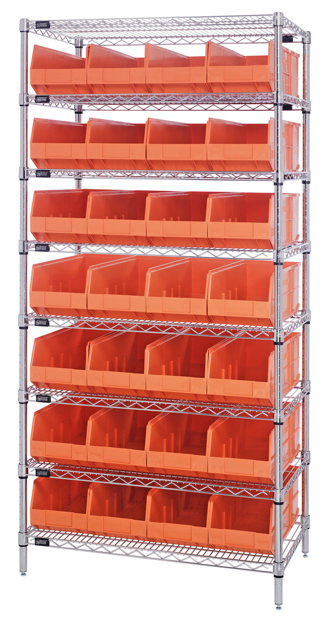 Bin Wire Shelving System, 36"W x 18"D x 74"H, 800 lbs load capacity per shelf, Chrome, Orange, Carbon Steel, WR8-463OR