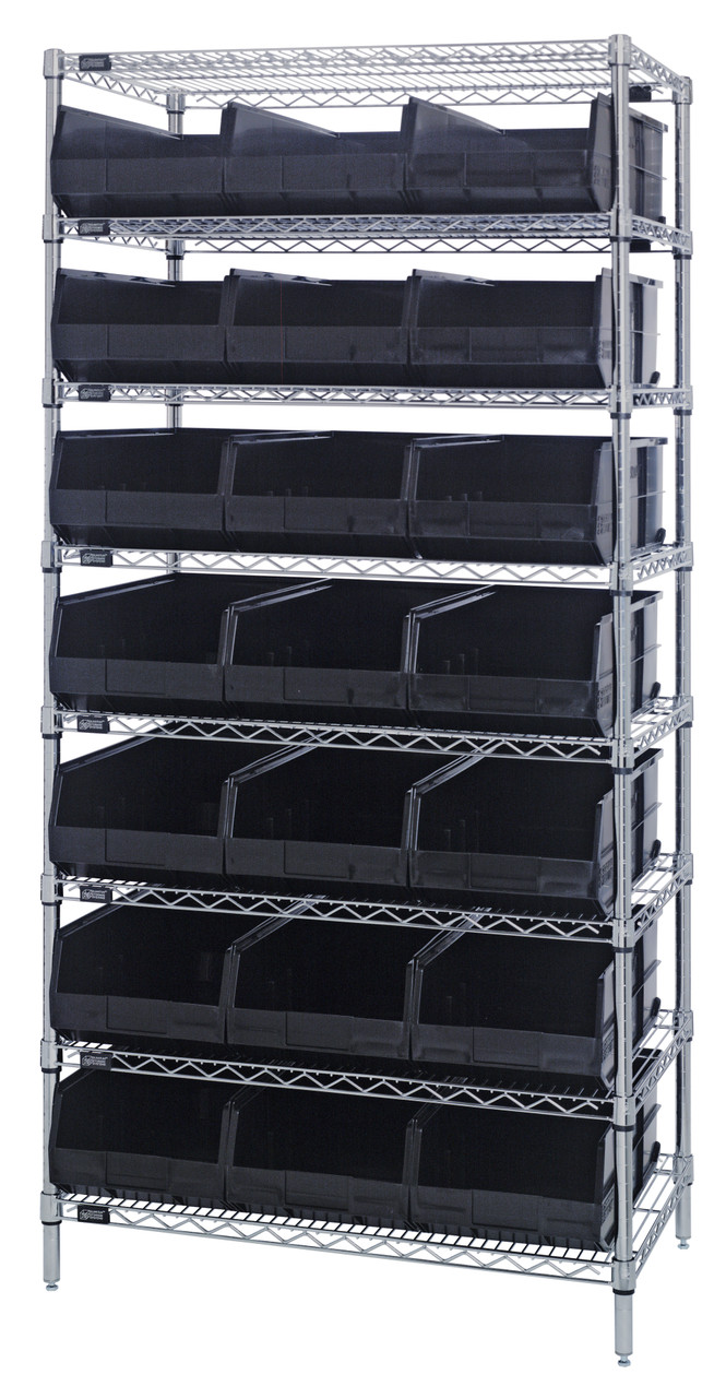 Bin Wire Shelving System, 36"W x 18"D x 74"H, 800 lbs load capacity per shelf, Chrome, Black, Carbon Steel, WR8-465BK