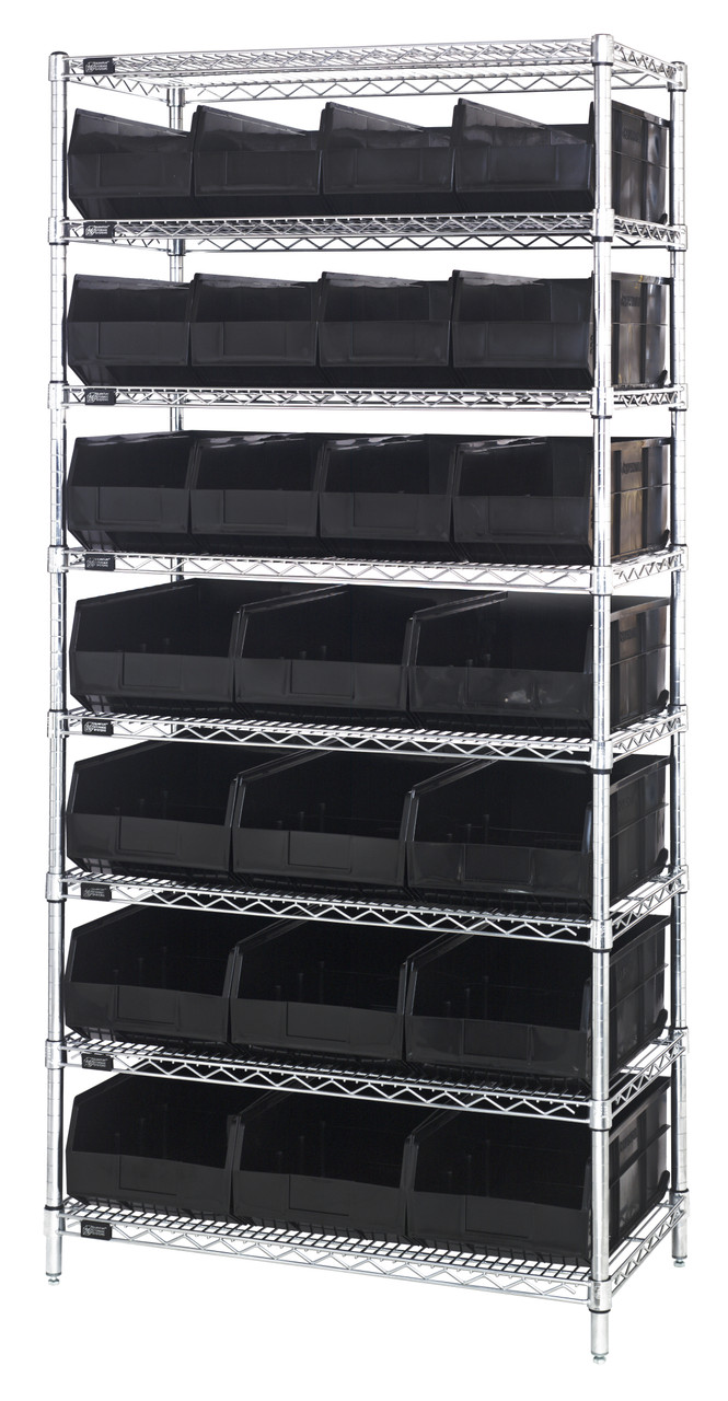 Bin Wire Shelving System, 36"W x 21"D x 74"H, 800 lbs load capacity per shelf, Chrome, Black, Carbon Steel, WR8-483485BK