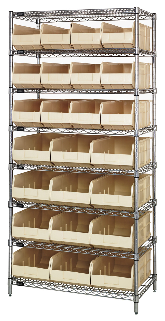 Bin Wire Shelving System, 36"W x 21"D x 74"H, 800 lbs load capacity per shelf, Chrome, Ivory, Carbon Steel, WR8-483485IV