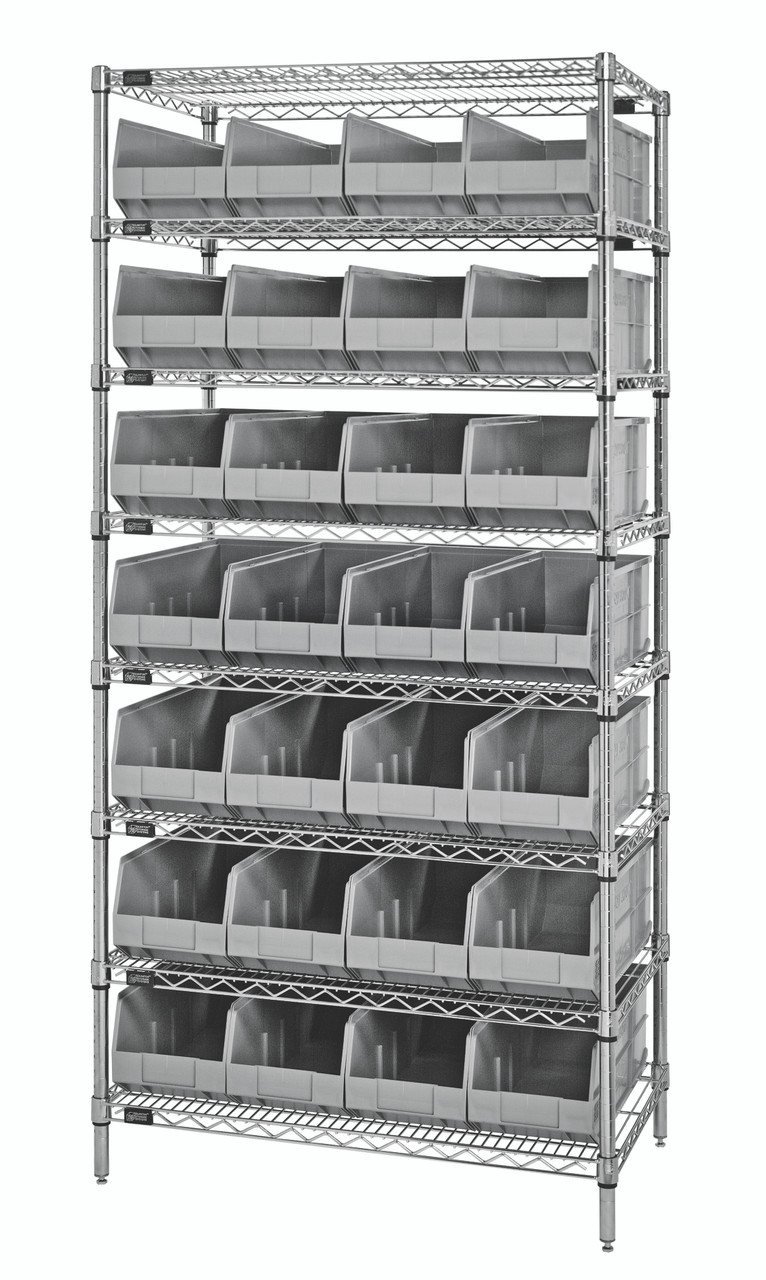Bin Wire Shelving System, 36"W x 21"D x 74"H, 800 lbs load capacity per shelf, Chrome, Gray, Carbon Steel, WR8-483GY